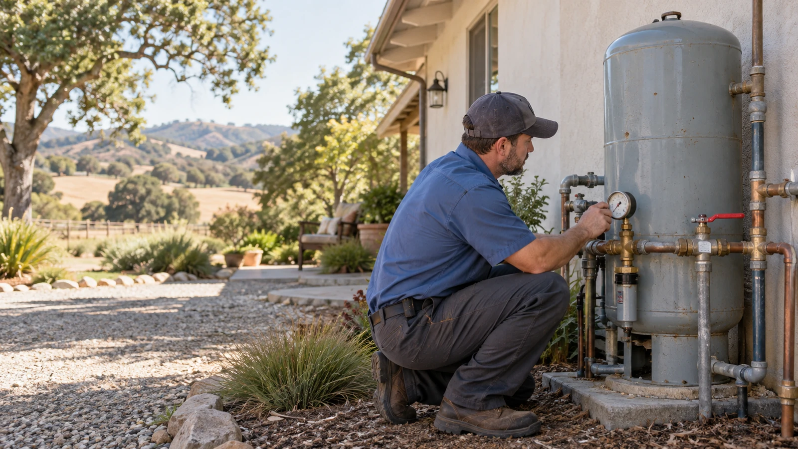 Water Fixers technician checking residential water pressure equipment and gauges at a home in Los Alamos, California