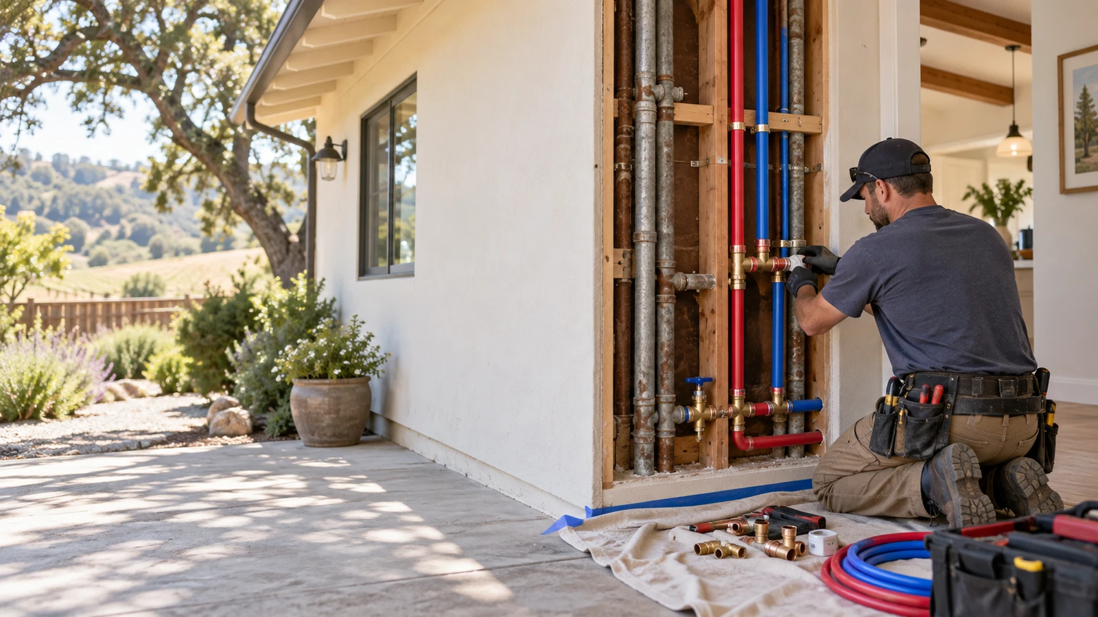 Water Fixers plumber installing new residential water piping during a repiping project in Los Alamos, California
