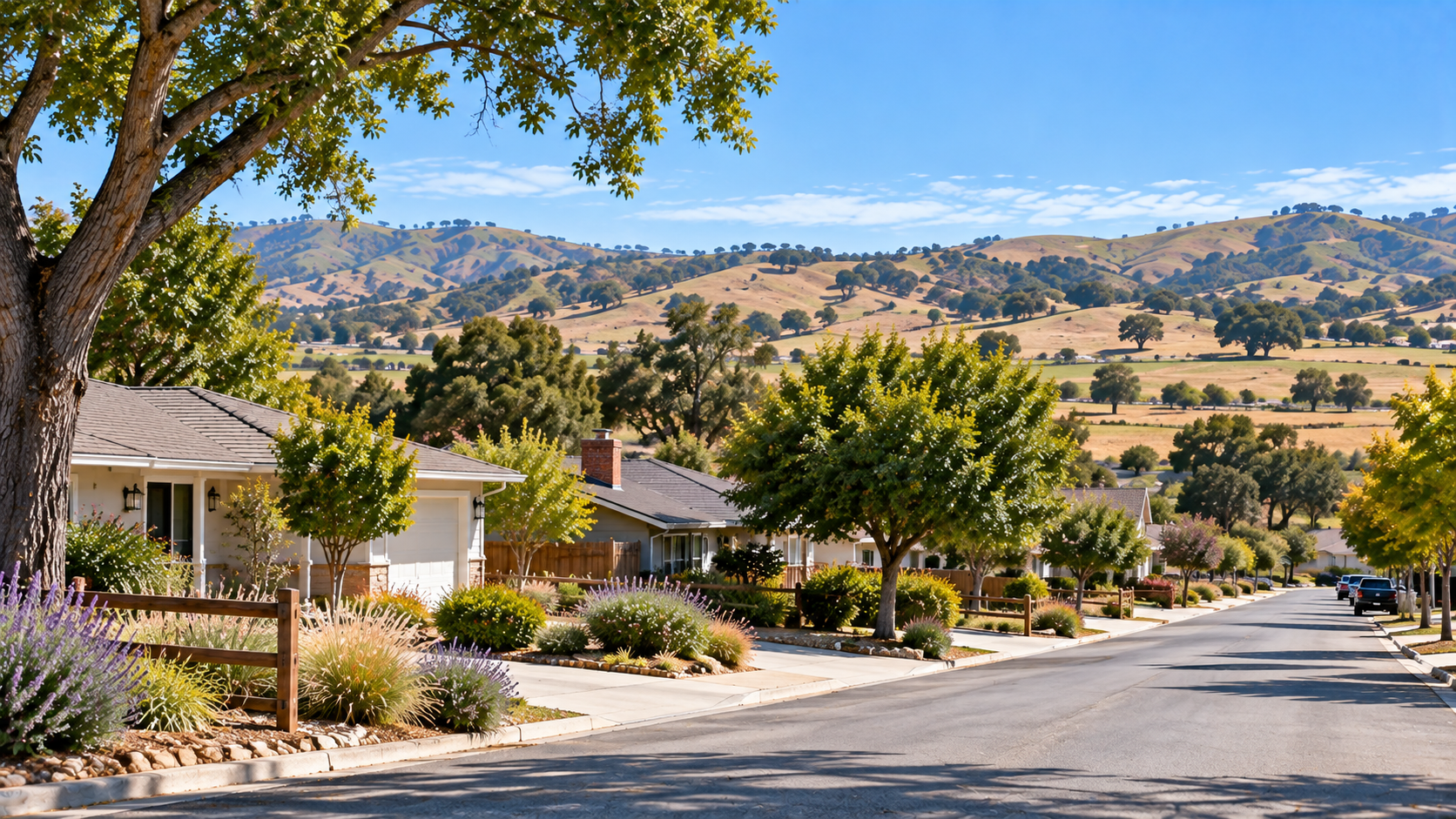 Residential street with oak-covered hills in the Los Alamos service area
