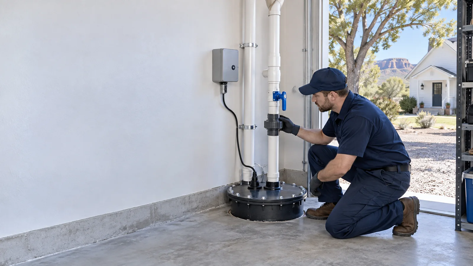 Residential sewage ejector pump service scene for Los Alamos with sealed basin and discharge piping