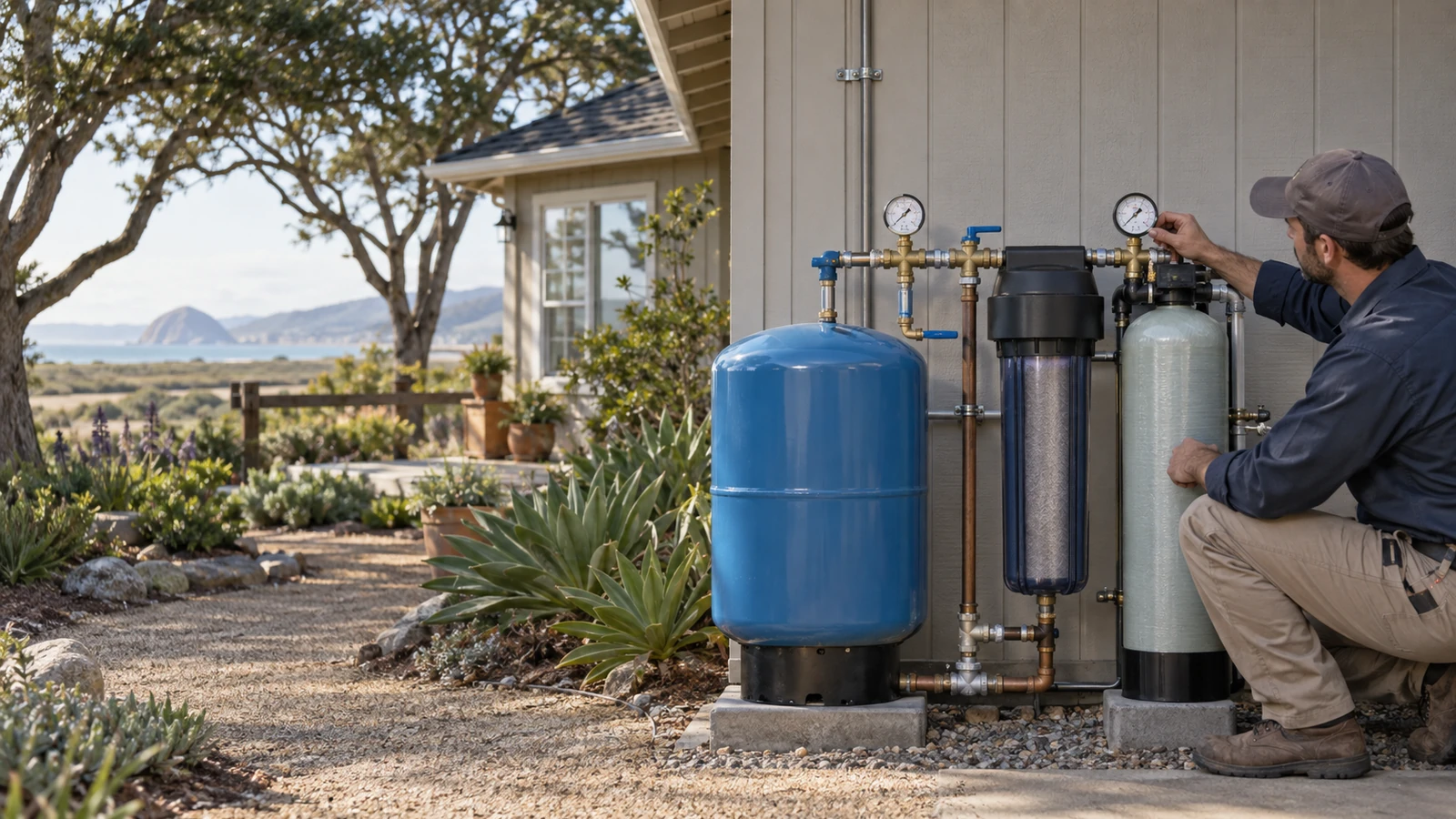 Water Fixers technician checking residential water pressure equipment and gauges at a home in Los Osos, California