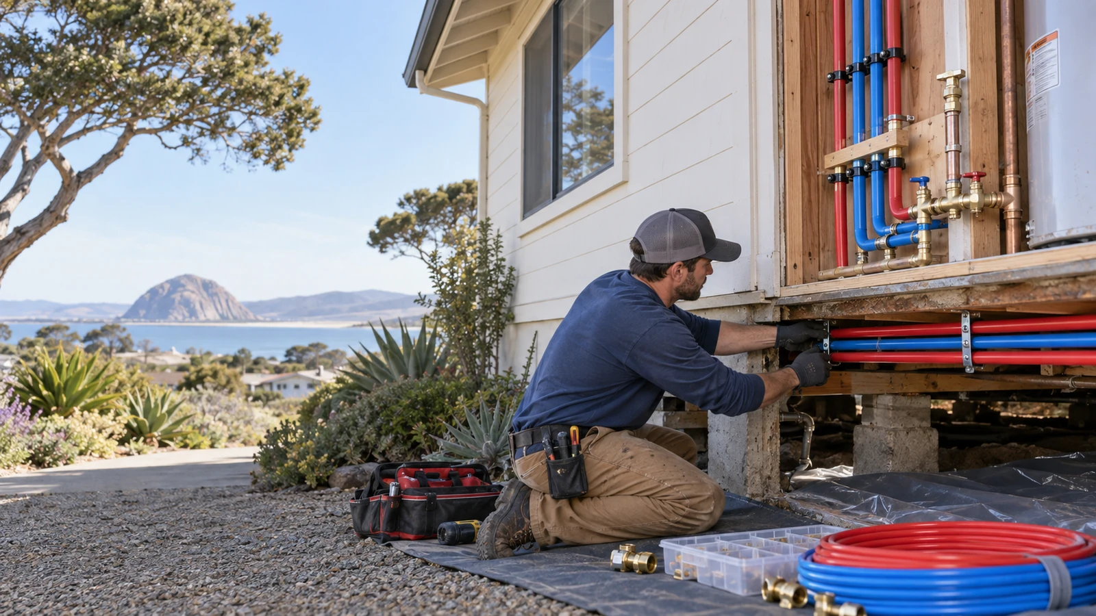 Water Fixers plumber installing new residential water piping during a repiping project in Los Osos, California
