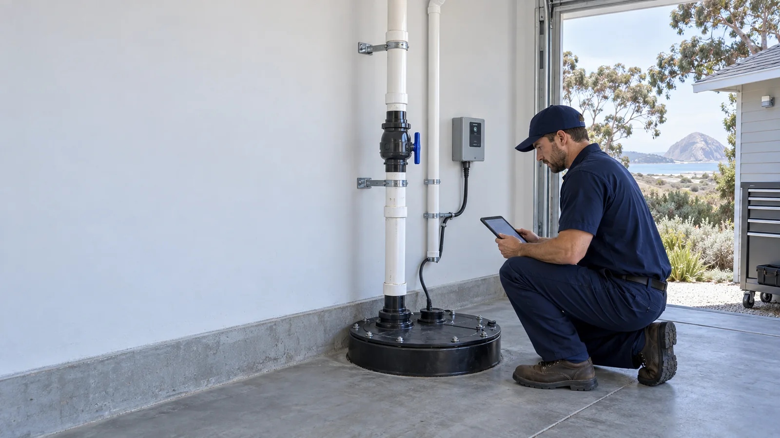 Residential sewage ejector pump service scene for Los Osos with sealed basin and discharge piping