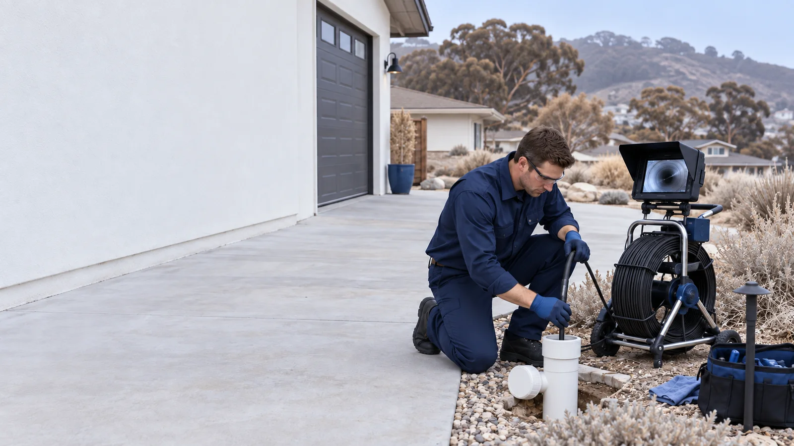 Water Fixers sewer and main drain service at a residential cleanout in Los Osos