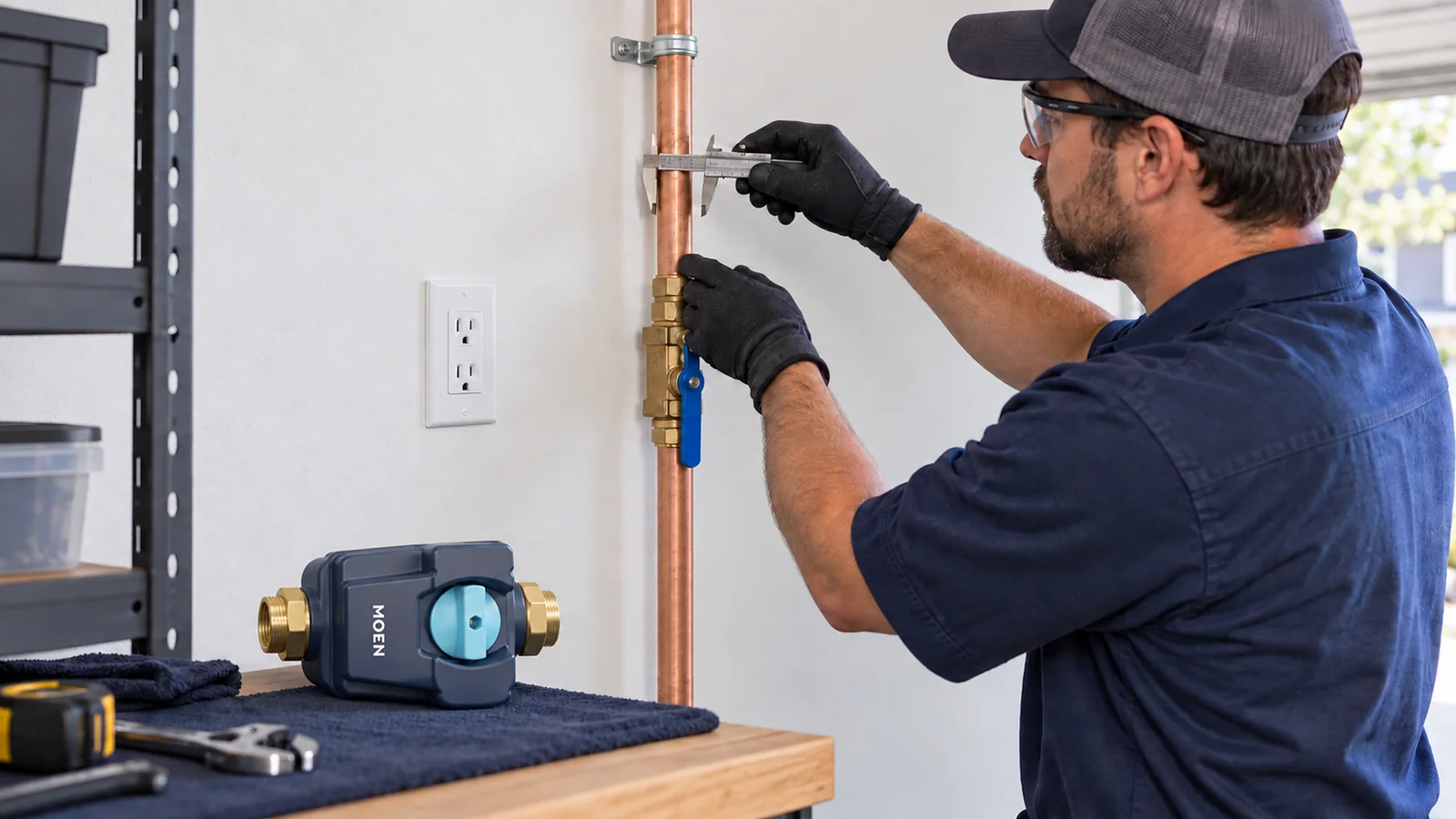 Plumber checking private main water piping, shutoff, PRV, power and service space before Moen Flo installation
