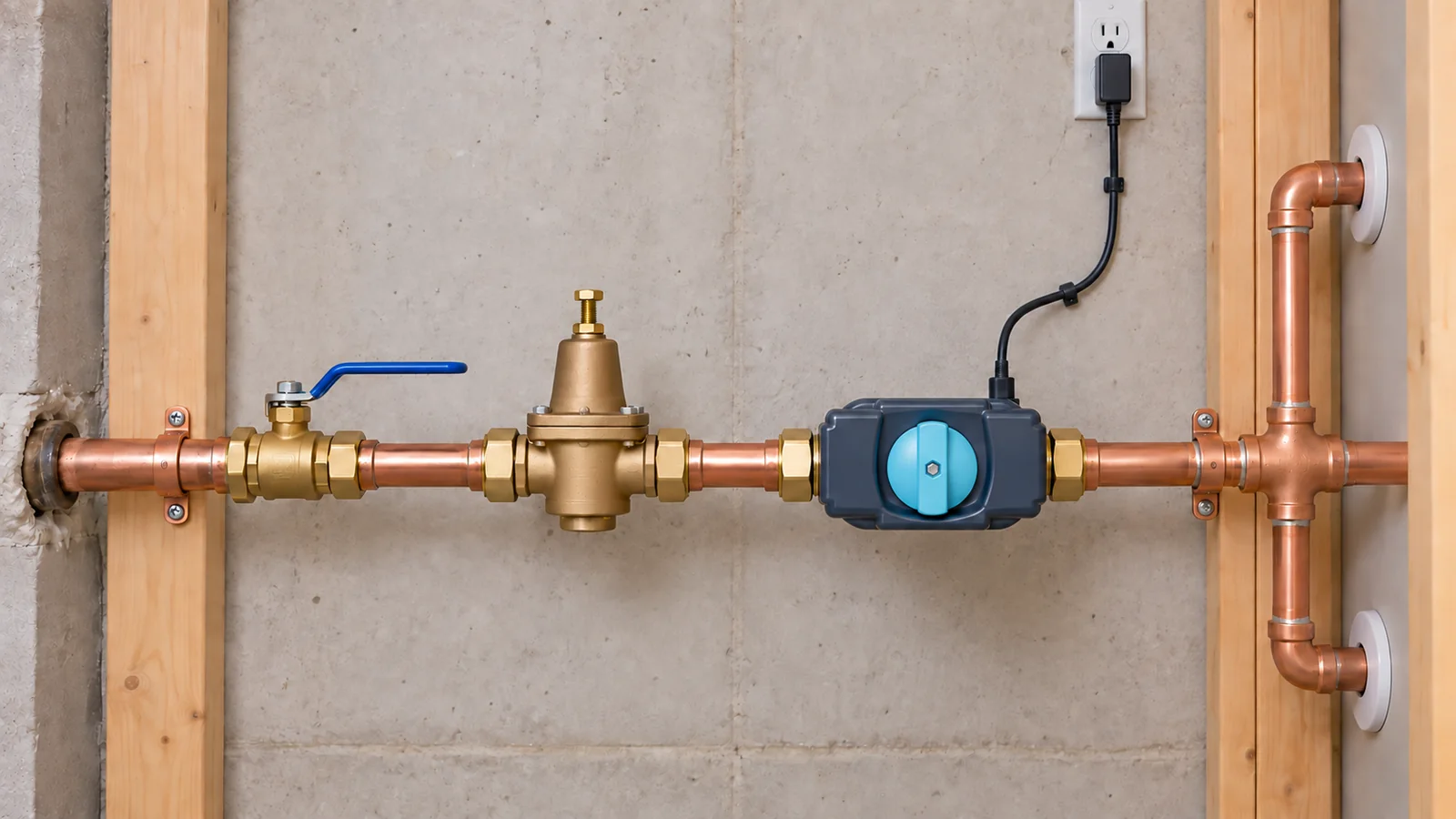 Residential plumbing sequence showing a manual shutoff, PRV and Moen Flo smart water shutoff on the domestic main