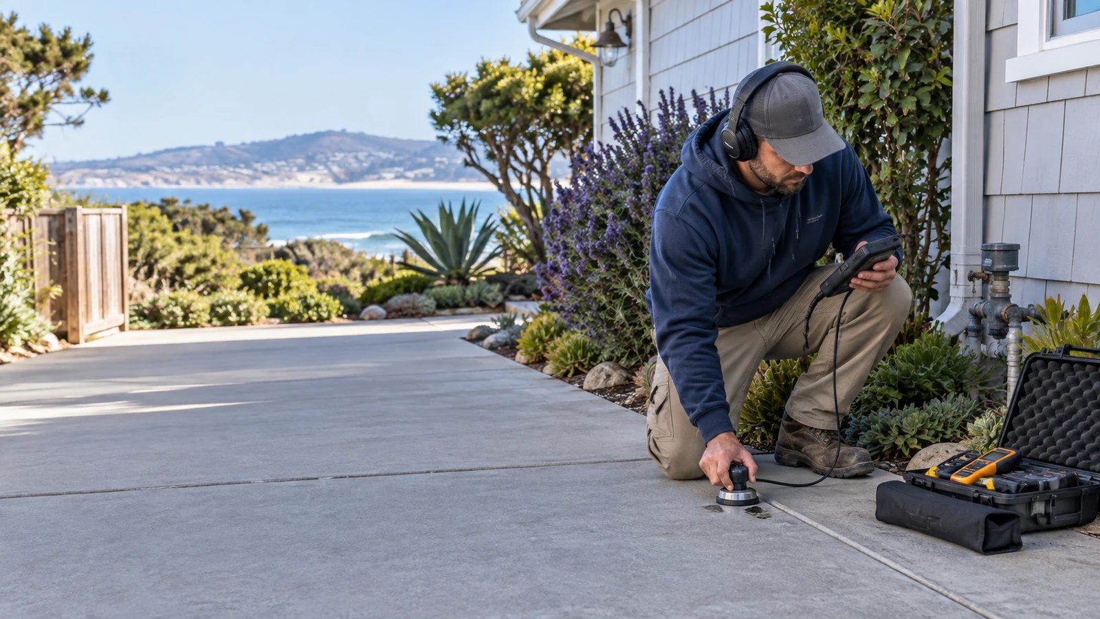 Water Fixers technician performing residential leak detection service in Morro Bay, California