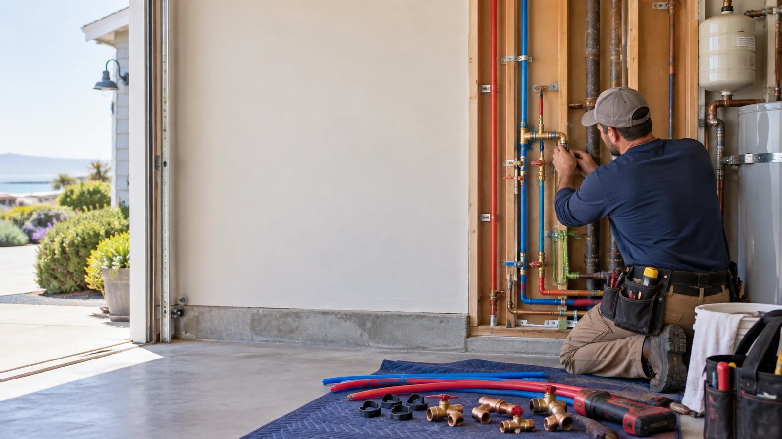 Water Fixers plumber installing new residential water piping during a repiping project in Morro Bay, California