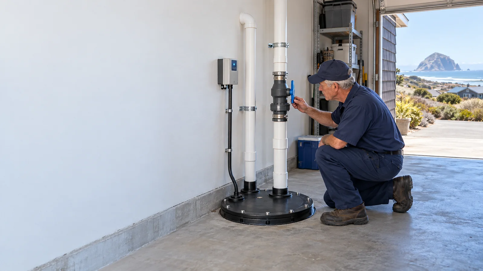 Residential sewage ejector pump service scene for Morro Bay with sealed basin and discharge piping