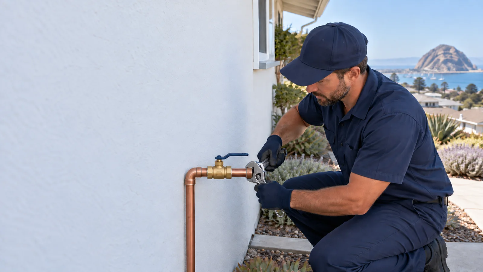 Water Fixers plumber servicing a private residential water shutoff valve in Morro Bay