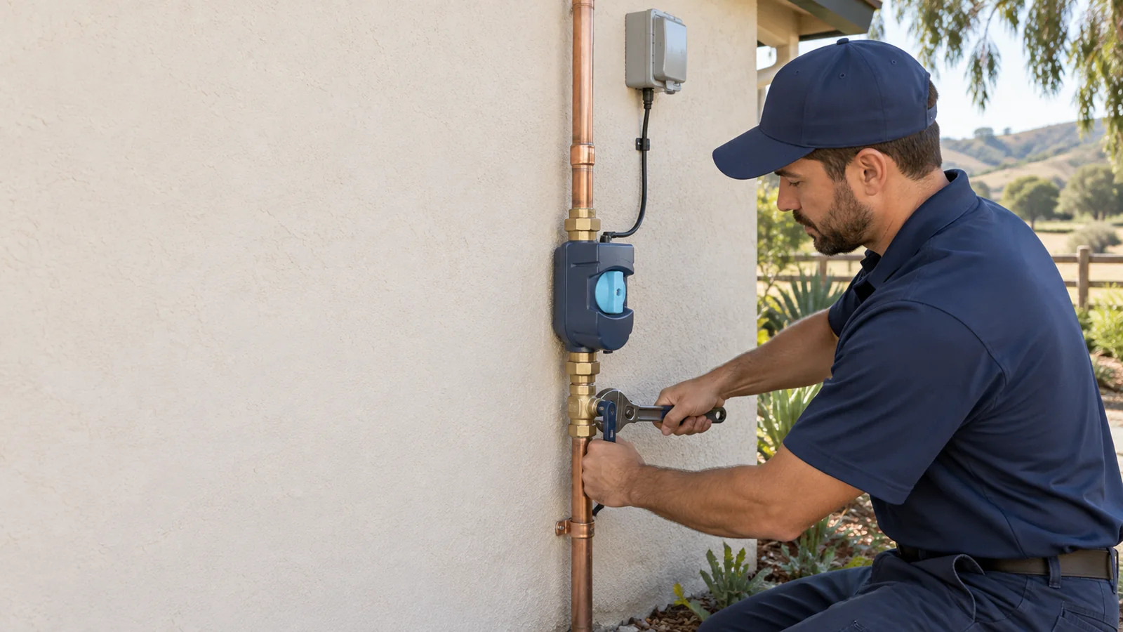 Professional Moen Flo smart water shutoff installation on private residential plumbing in Nipomo