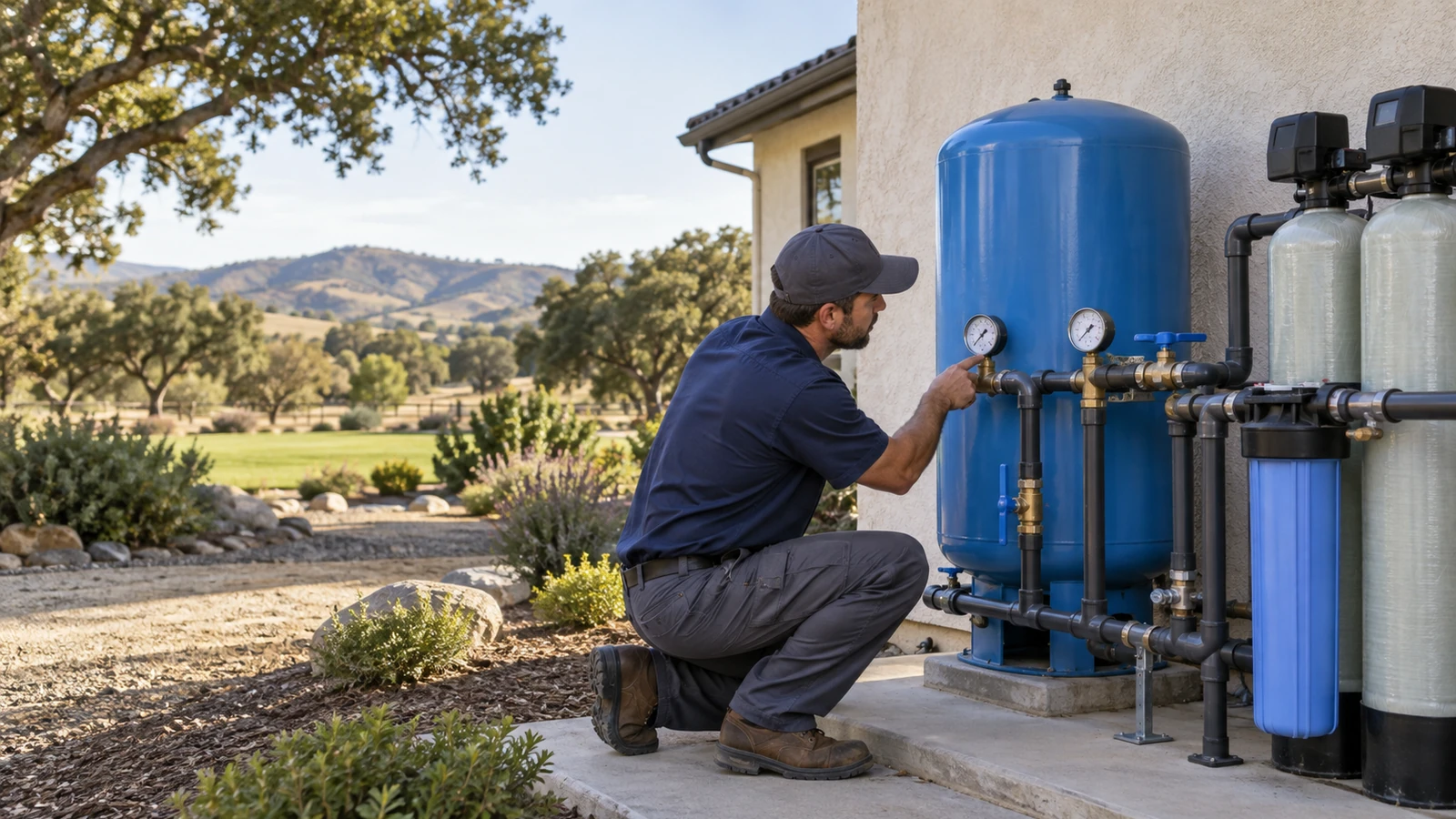 Technician checking residential water-pressure equipment and gauges