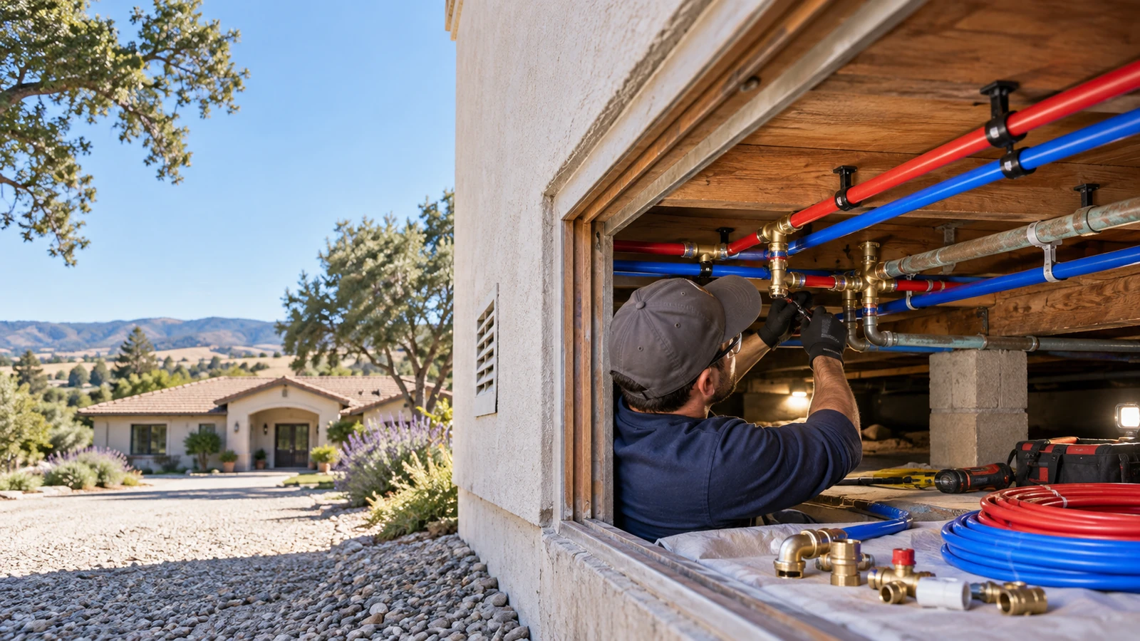 Water Fixers plumber installing new residential water piping during a repiping project in Nipomo, California
