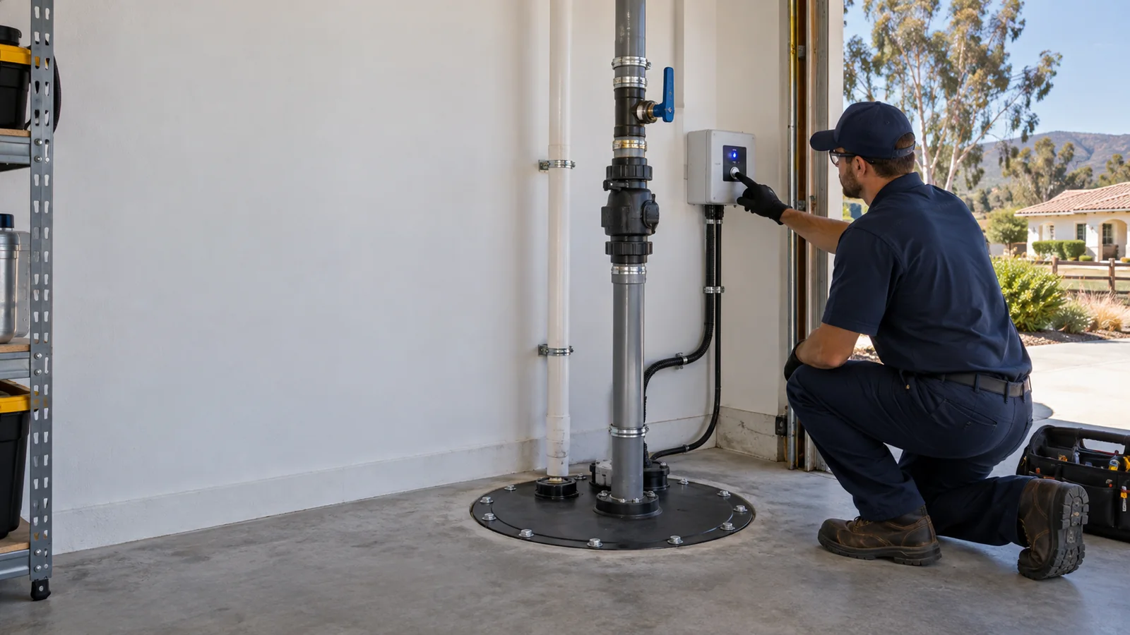 Residential sewage ejector pump service scene for Nipomo with sealed basin and discharge piping