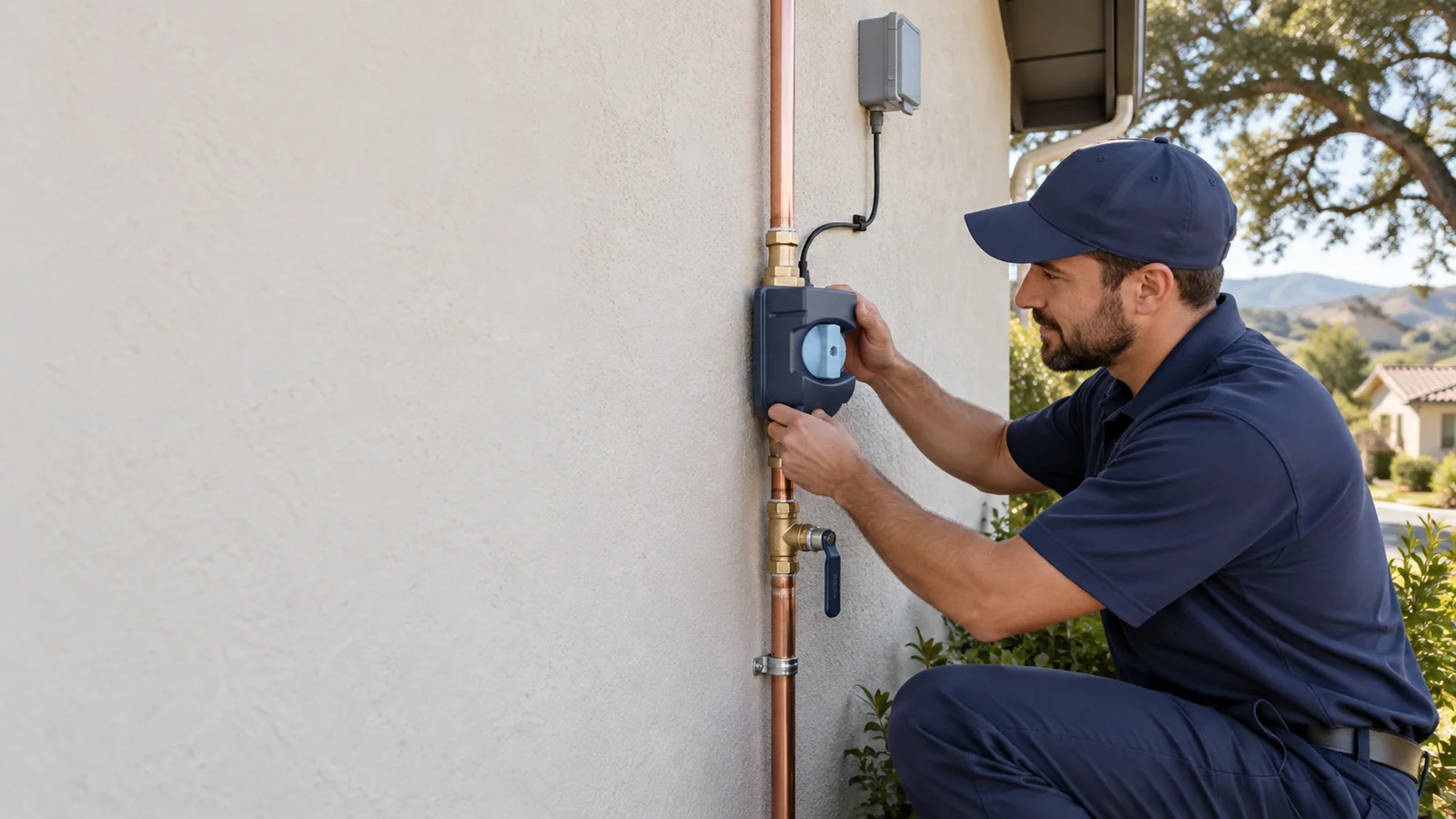 Professional Moen Flo smart water shutoff installation on private residential plumbing in Orcutt