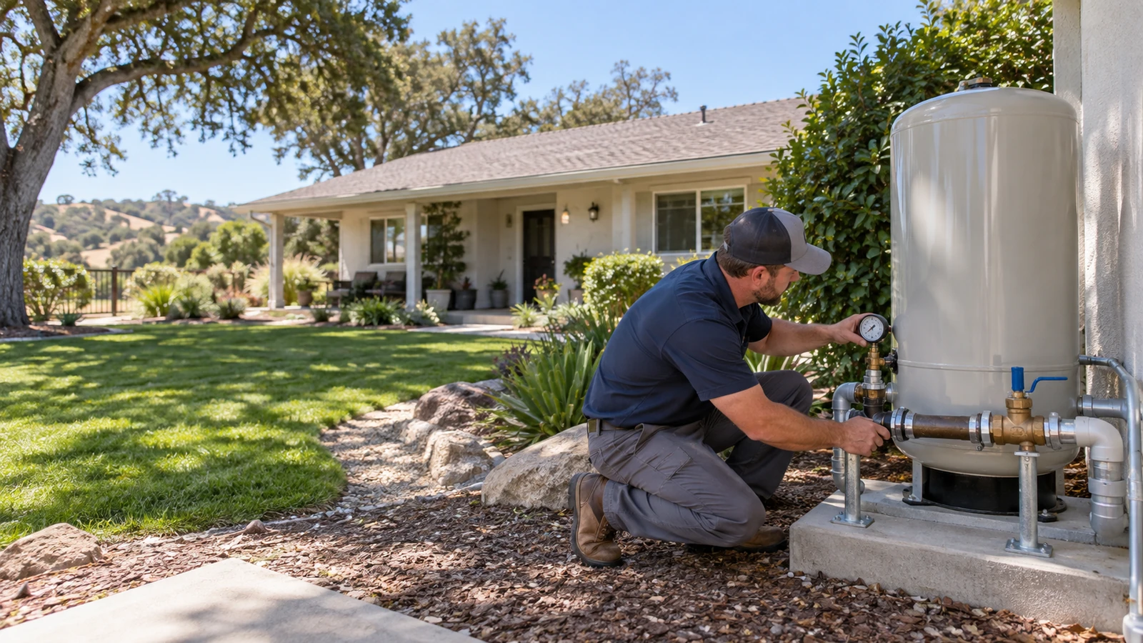 Water Fixers technician checking residential water pressure equipment and gauges at a home in Orcutt, California
