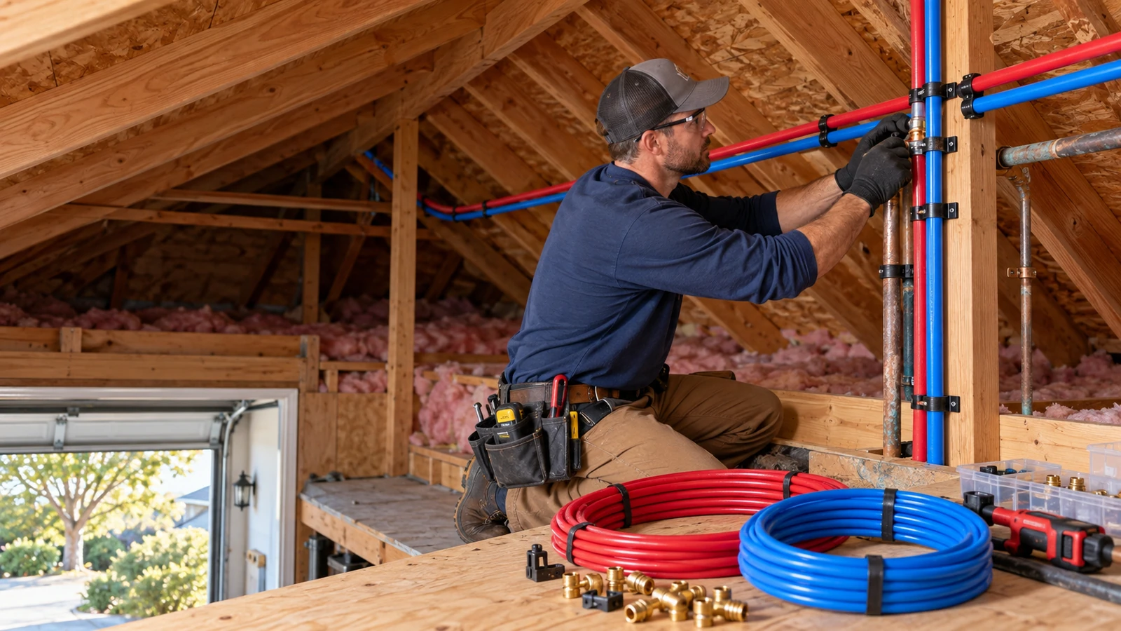 Water Fixers repiping service image showing a plumber installing new residential water piping