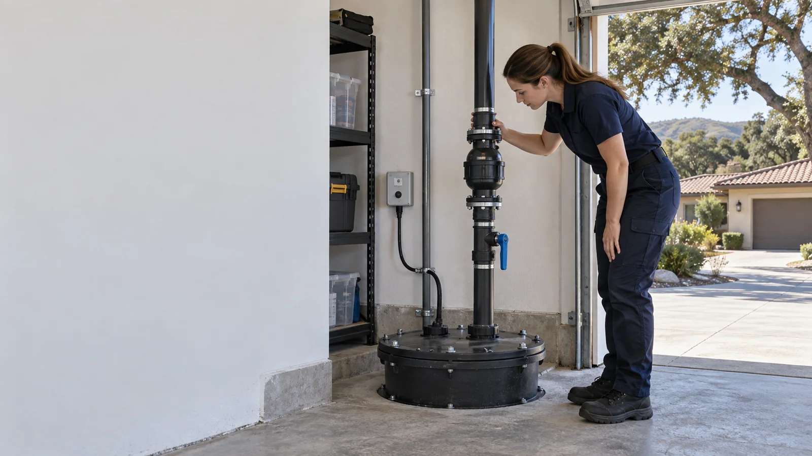 Residential sewage ejector pump service scene for Orcutt with sealed basin and discharge piping