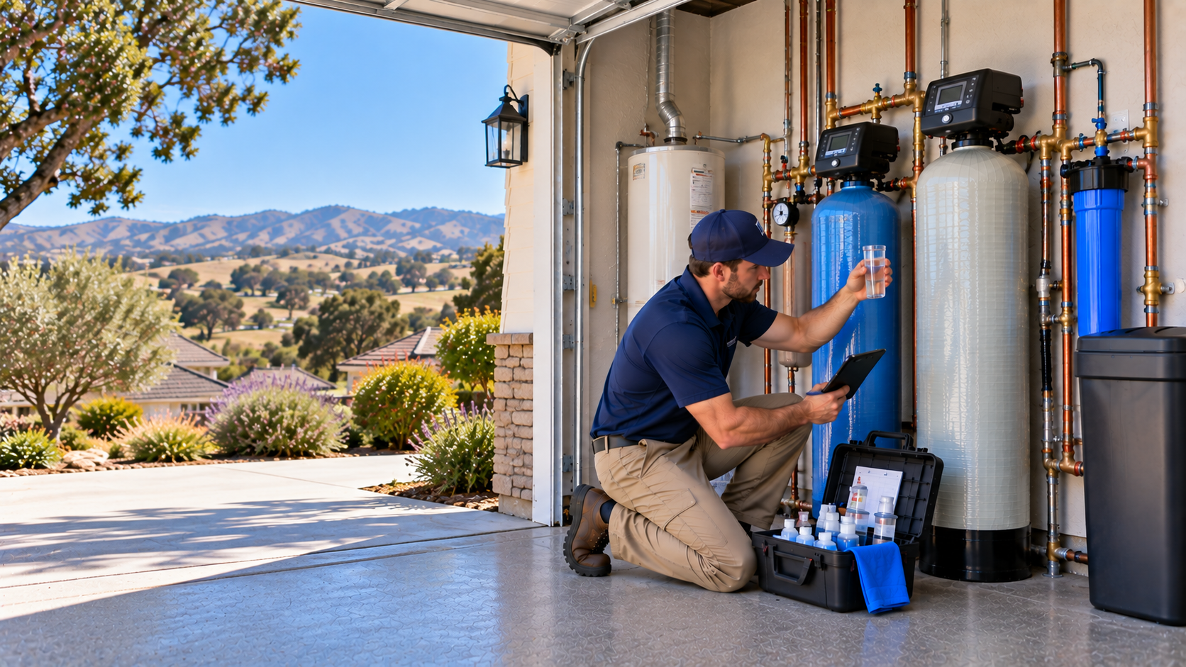 Technician servicing residential water treatment equipment in Orcutt