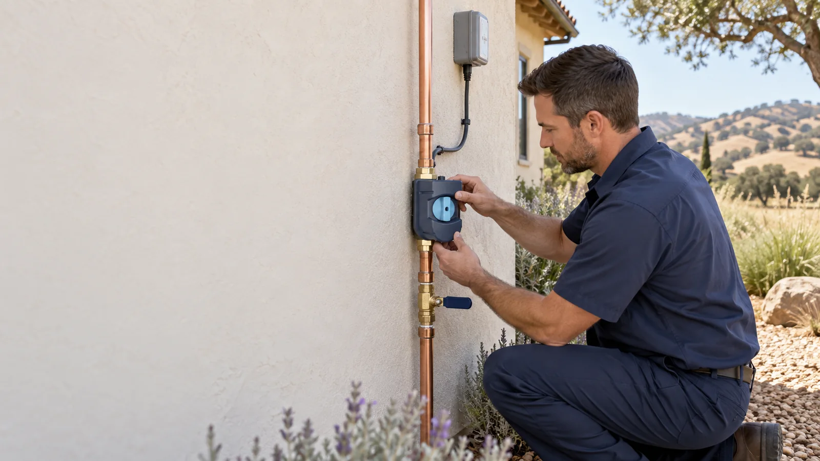 Professional Moen Flo smart water shutoff installation on private residential plumbing in Paso Robles