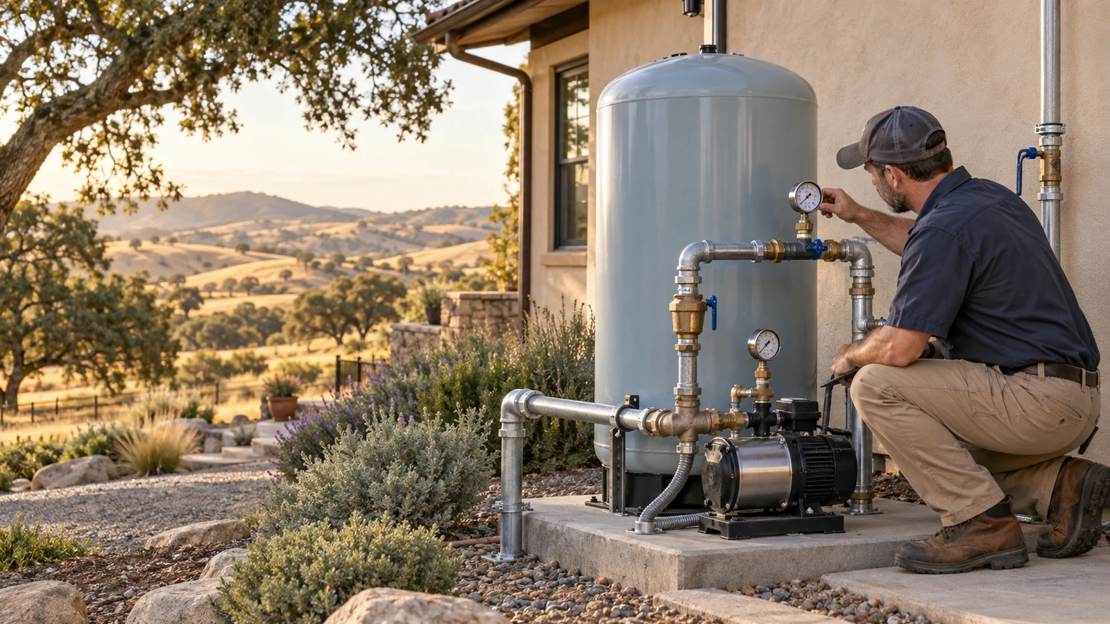 Water Fixers technician checking residential water pressure equipment and gauges at a home in Paso Robles, California