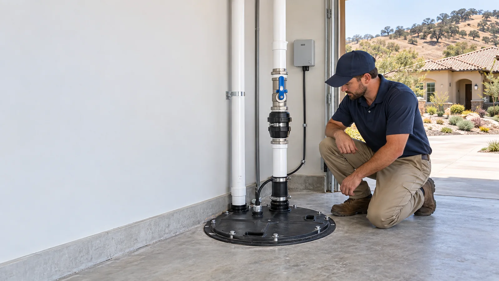 Residential sewage ejector pump service scene for Paso Robles with sealed basin and discharge piping