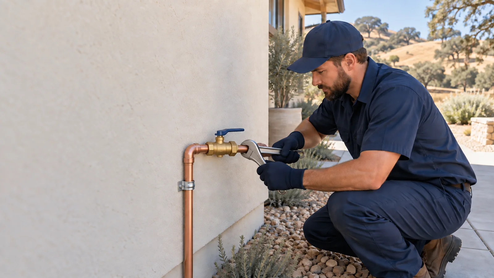 Water Fixers plumber servicing a private residential water shutoff valve in Paso Robles