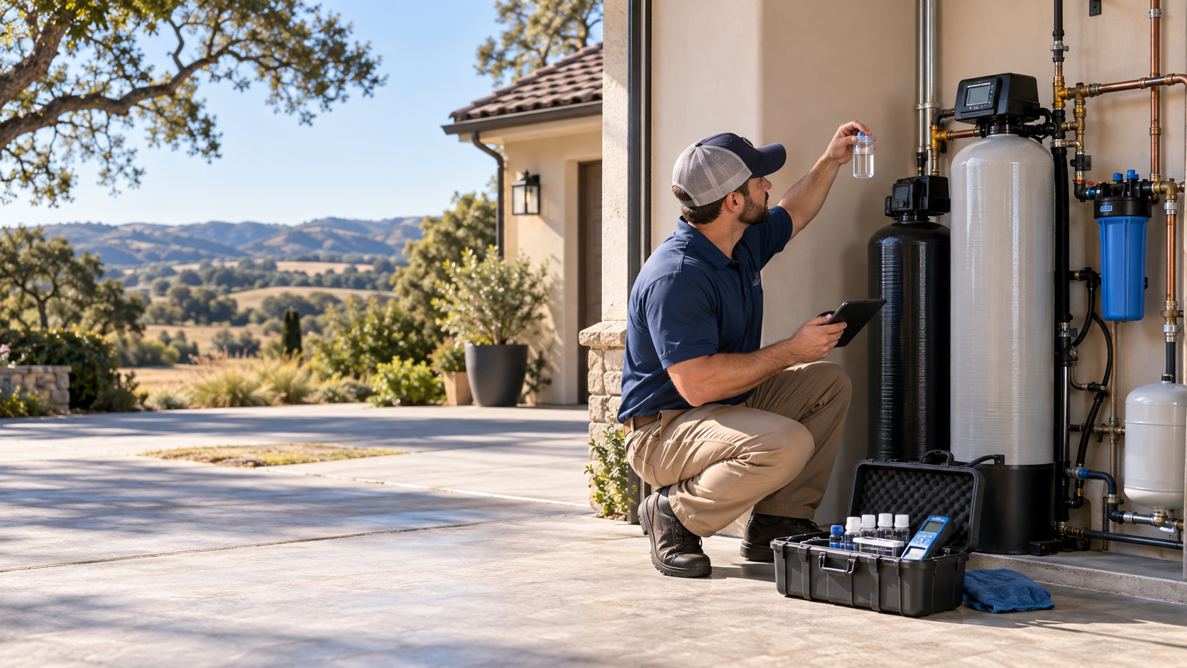 Technician servicing residential water treatment equipment with Paso Robles hills in the background