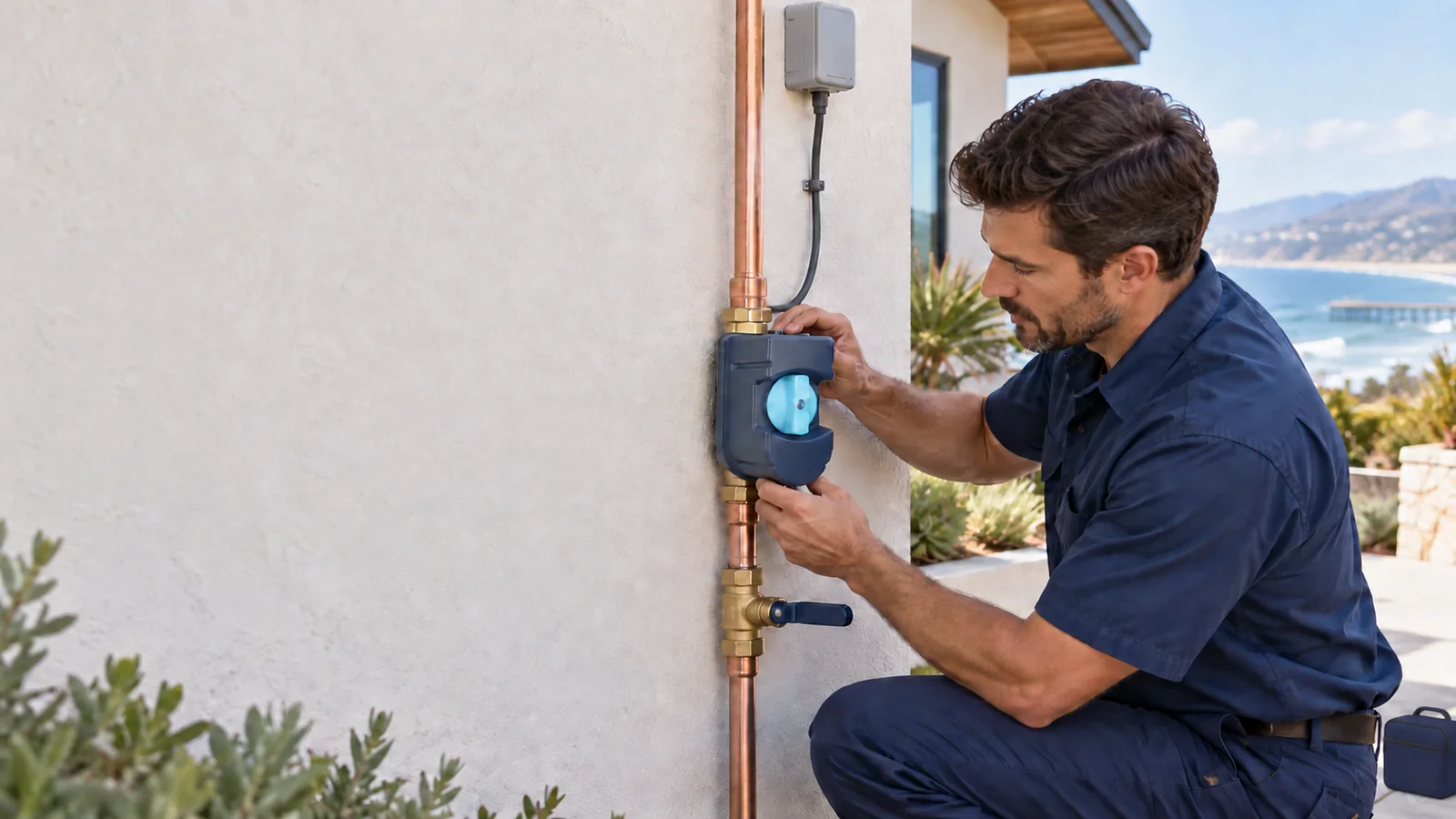 Professional Moen Flo smart water shutoff installation on private residential plumbing in Pismo Beach