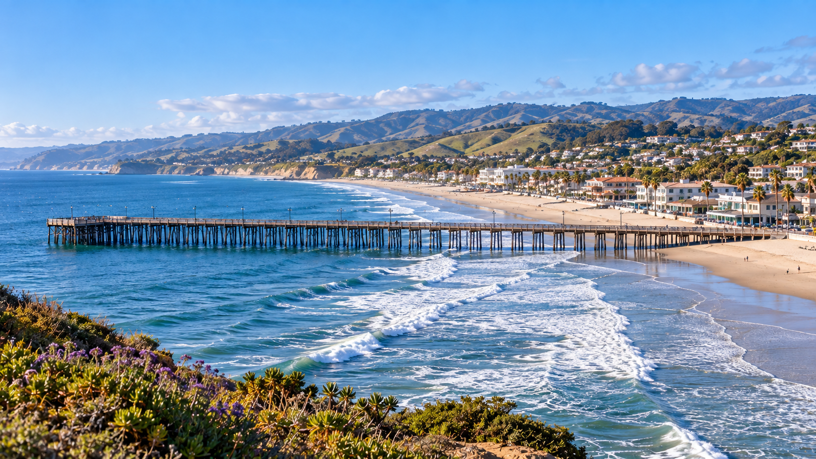 Pismo Beach pier, coastline and hillside community