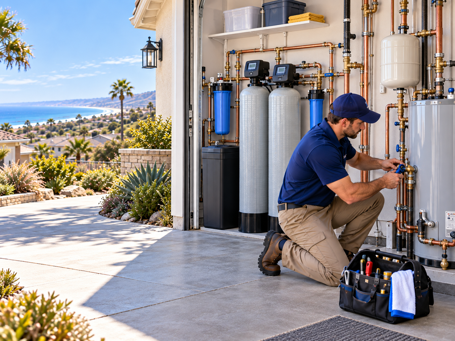 Pismo Beach home service scene showing separate plumbing and water filtration equipment paths