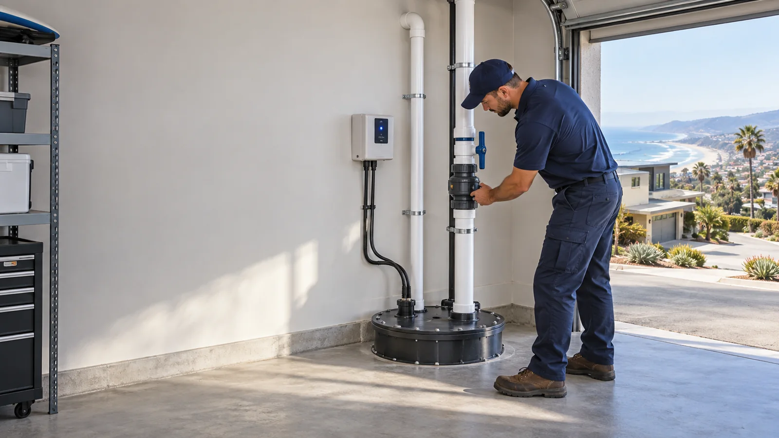 Residential sewage ejector pump service scene for Pismo Beach with sealed basin and discharge piping