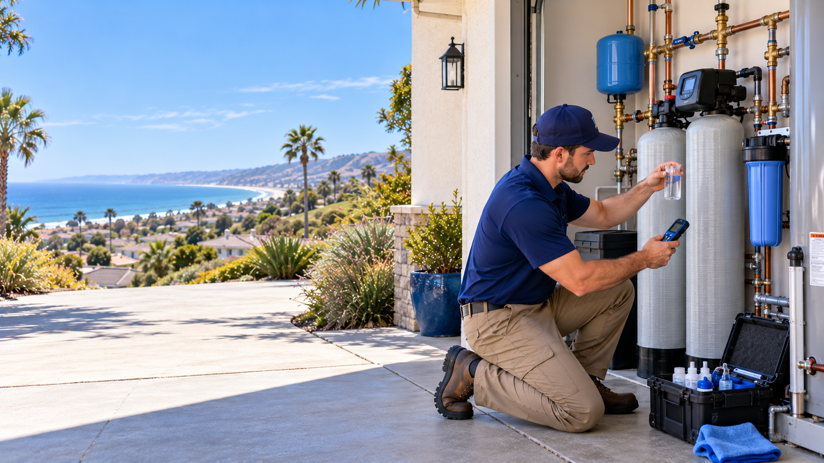 Technician servicing residential water treatment equipment with Pismo Beach coastal hills in the background