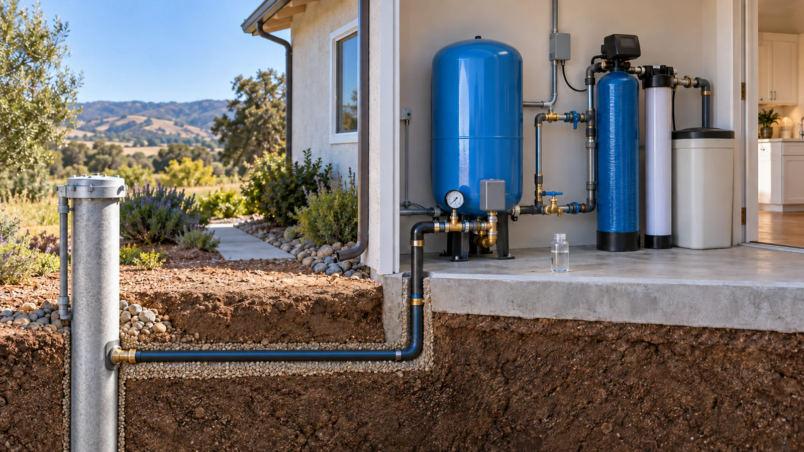 Overview of a residential private well, pressure system, treatment equipment and house plumbing