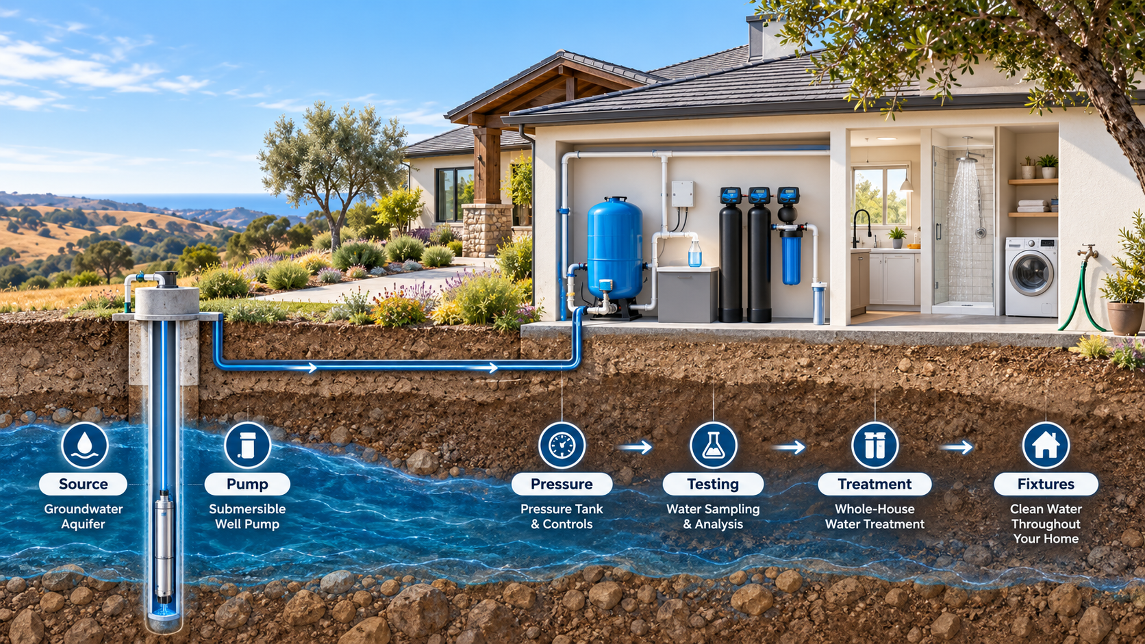 Diagram of a private well water system from well to home