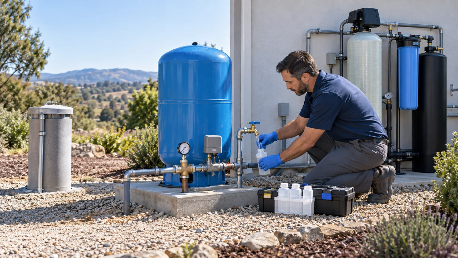 Technician collecting an untreated private-well water sample before treatment equipment
