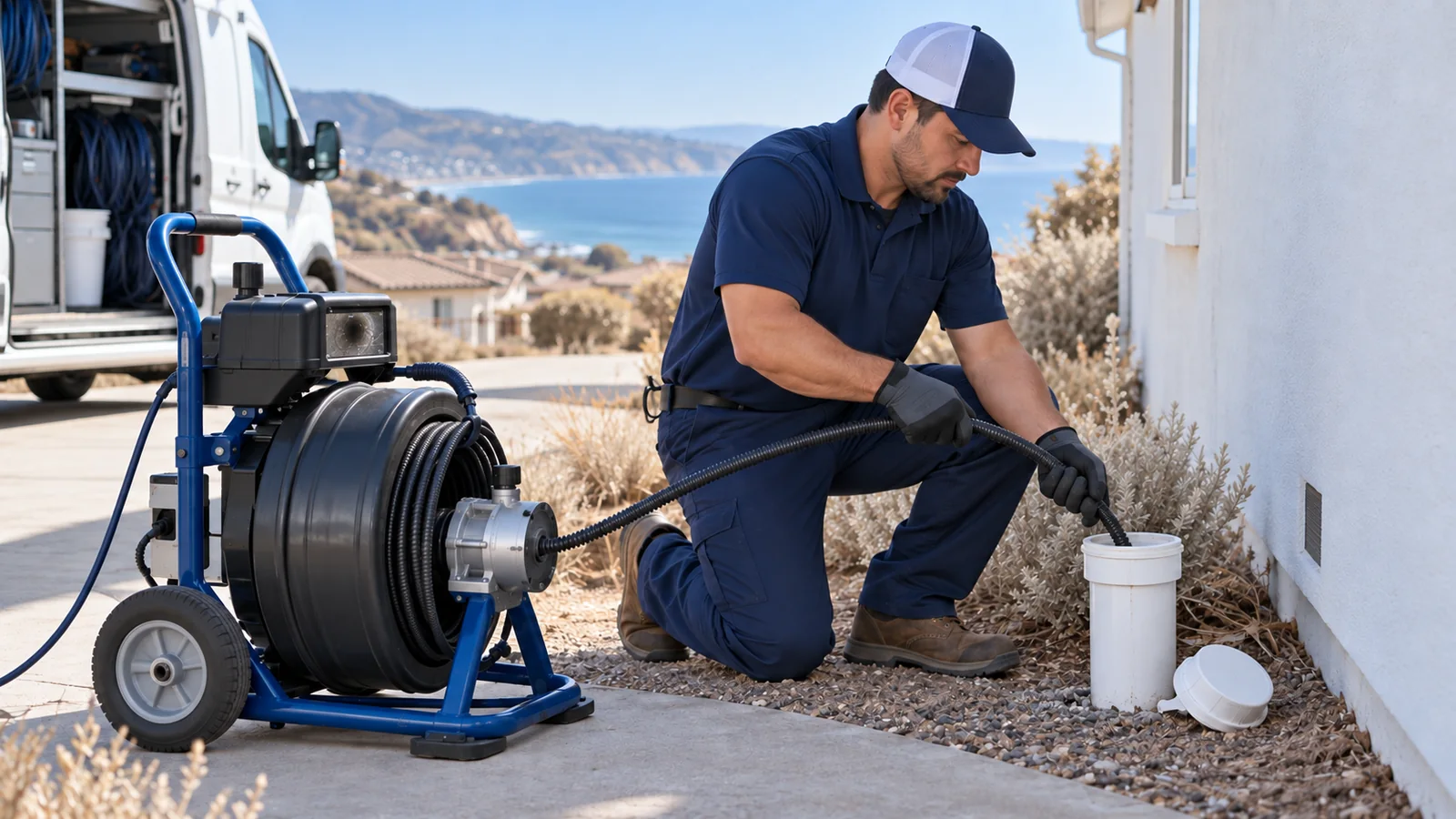 Professional residential main drain clearing through an exterior sewer cleanout