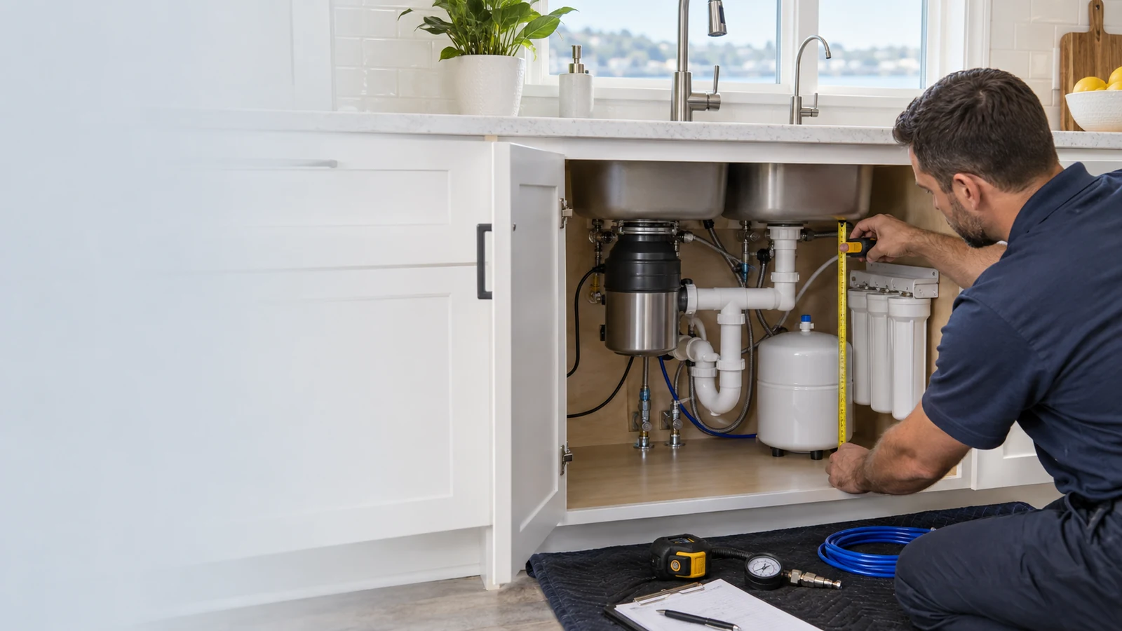 Reverse osmosis cabinet and storage-tank planning for service access
