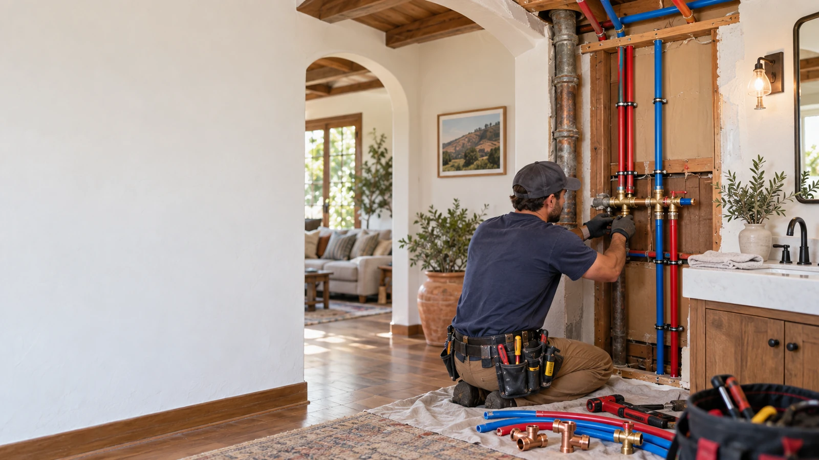 Water Fixers plumber installing new residential water piping during a repiping project in San Luis Obispo, California