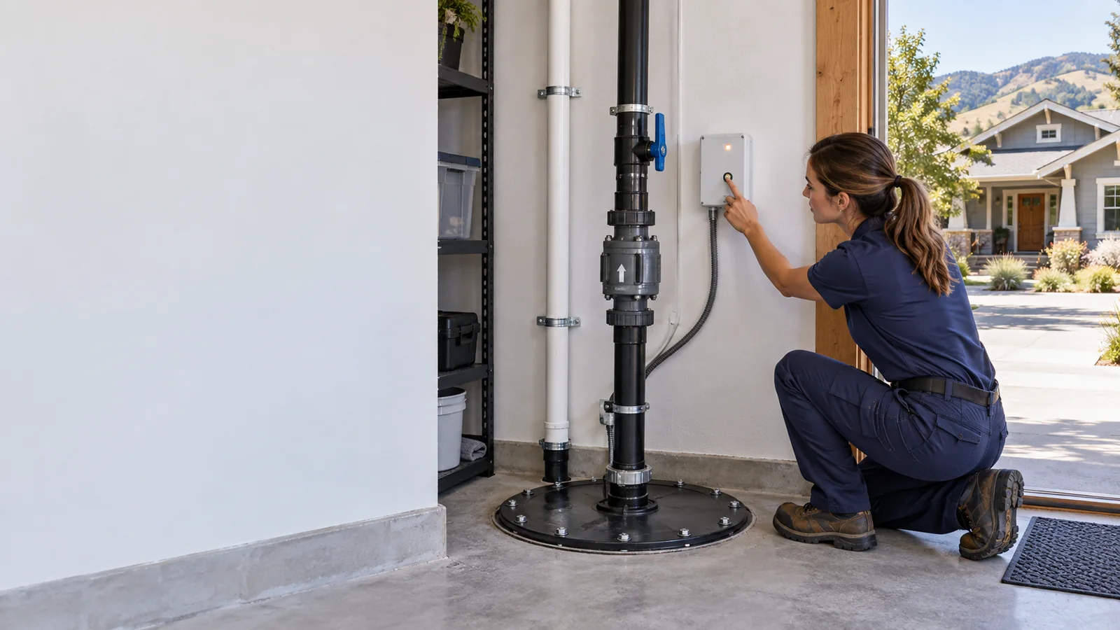 Residential sewage ejector pump service scene for San Luis Obispo with sealed basin and discharge piping