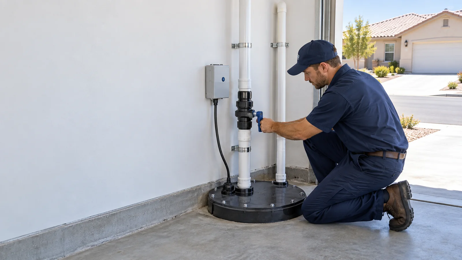 Residential sewage ejector pump service scene for Santa Maria with sealed basin and discharge piping