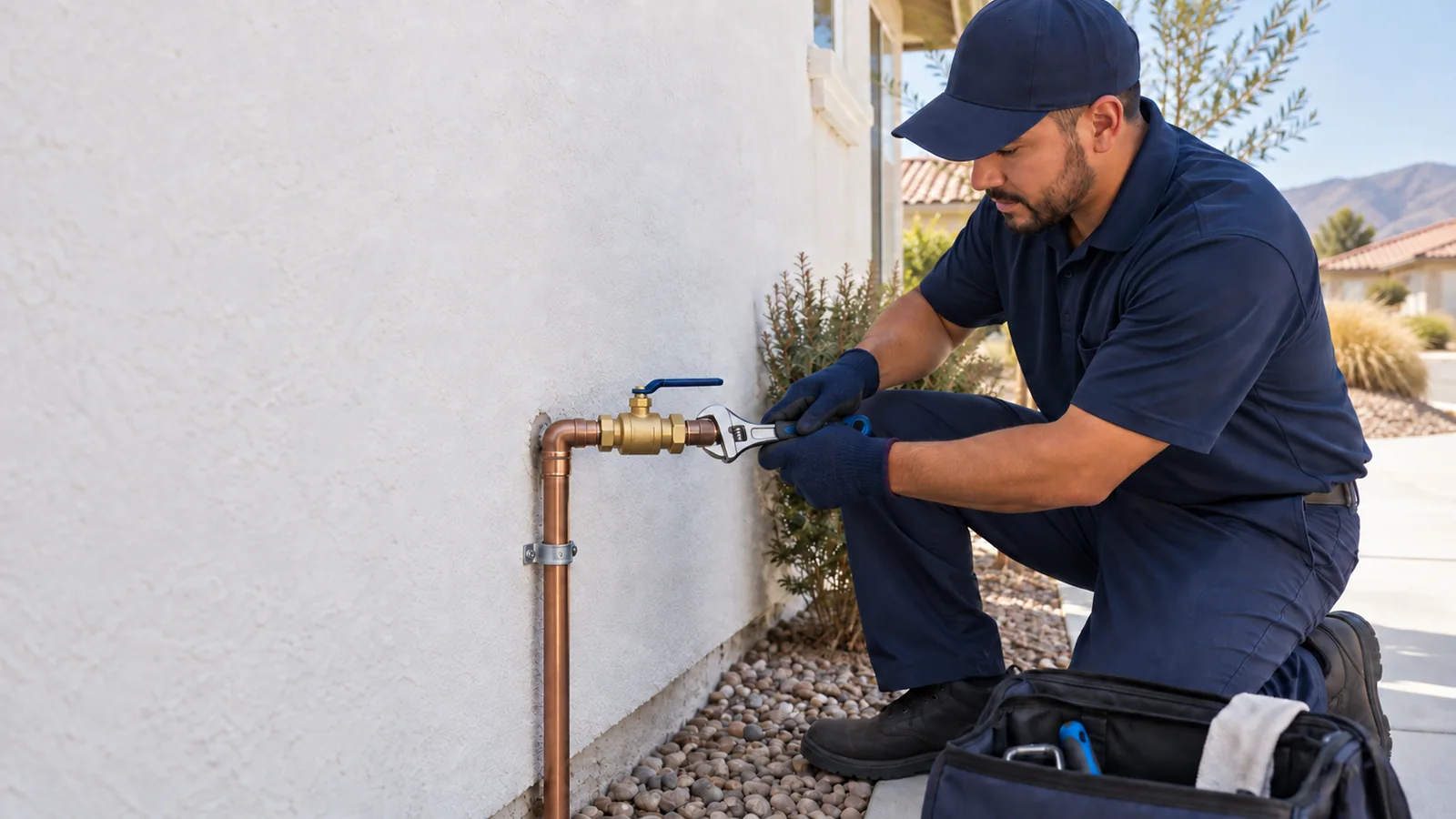 Water Fixers plumber servicing a private residential water shutoff valve in Santa Maria