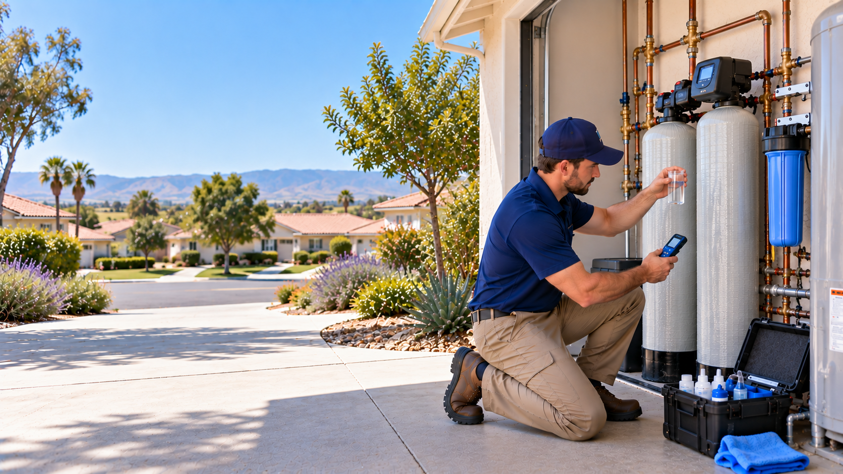 Technician servicing residential water filtration equipment in Santa Maria
