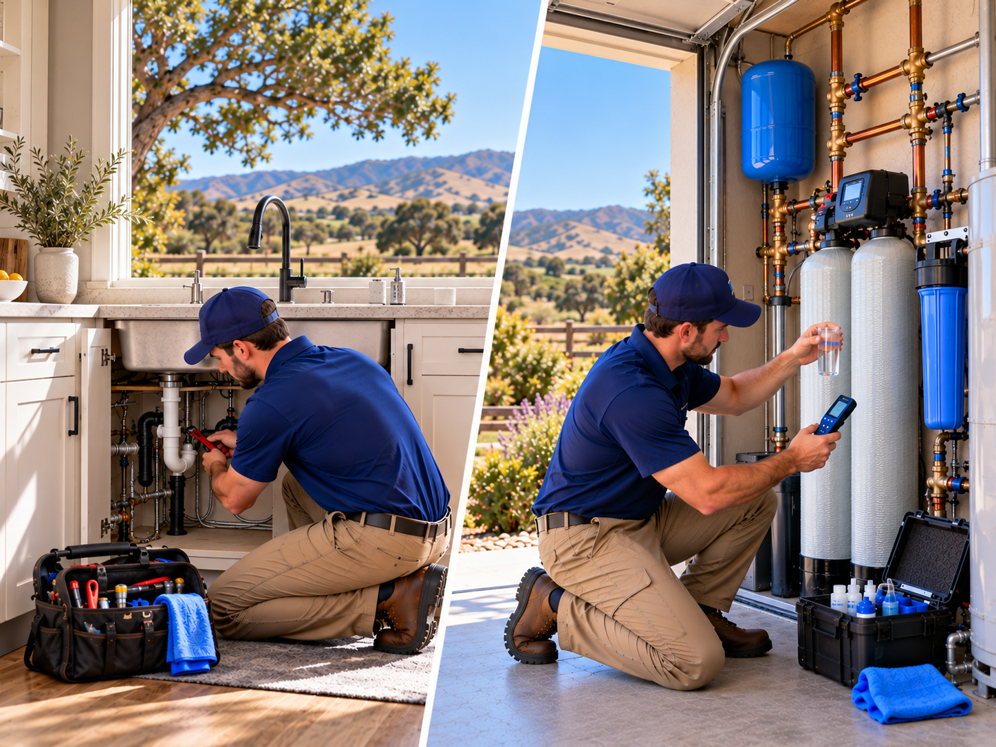 Home diagram separating plumbing repairs from water filtration service paths