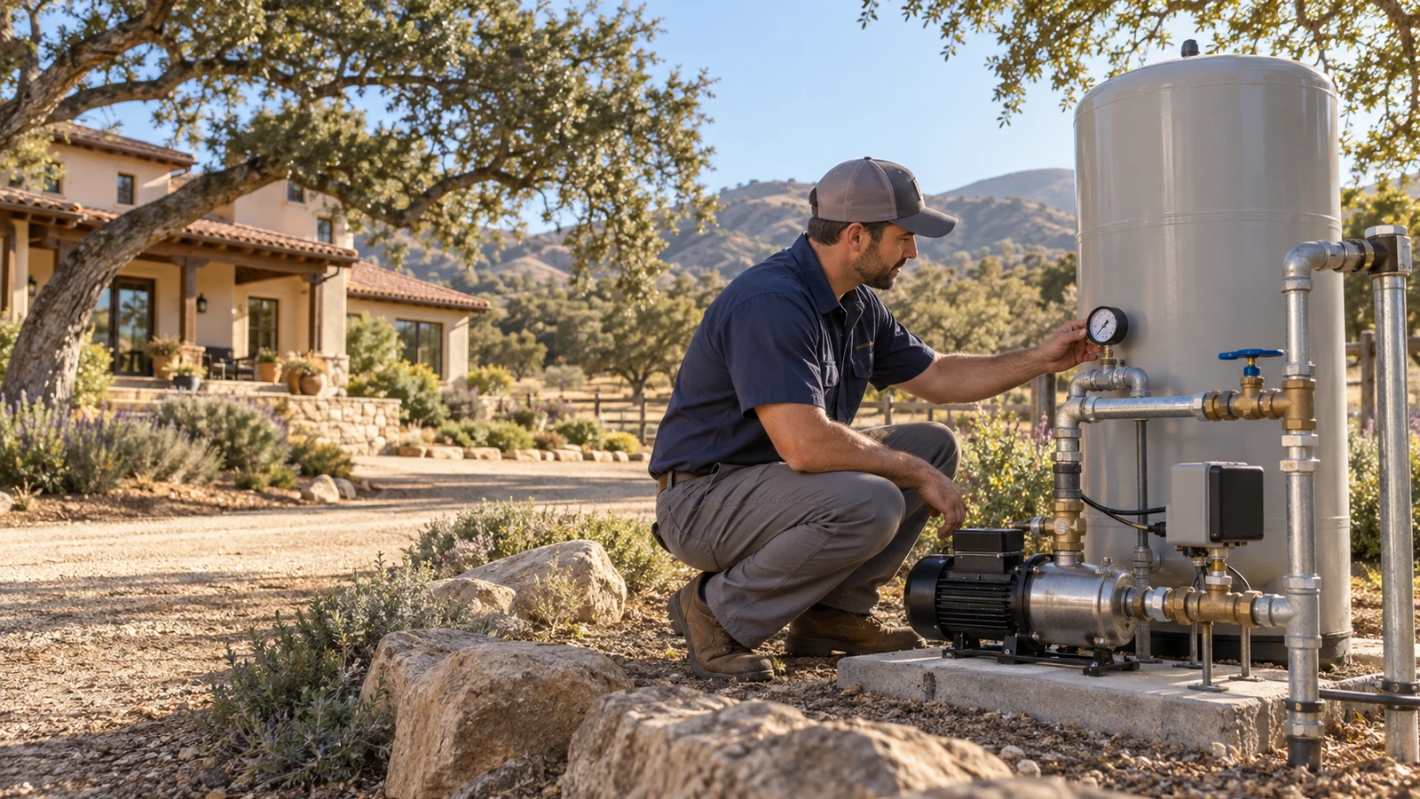Plumber checking residential water pressure equipment and gauges for Santa Ynez pressure service