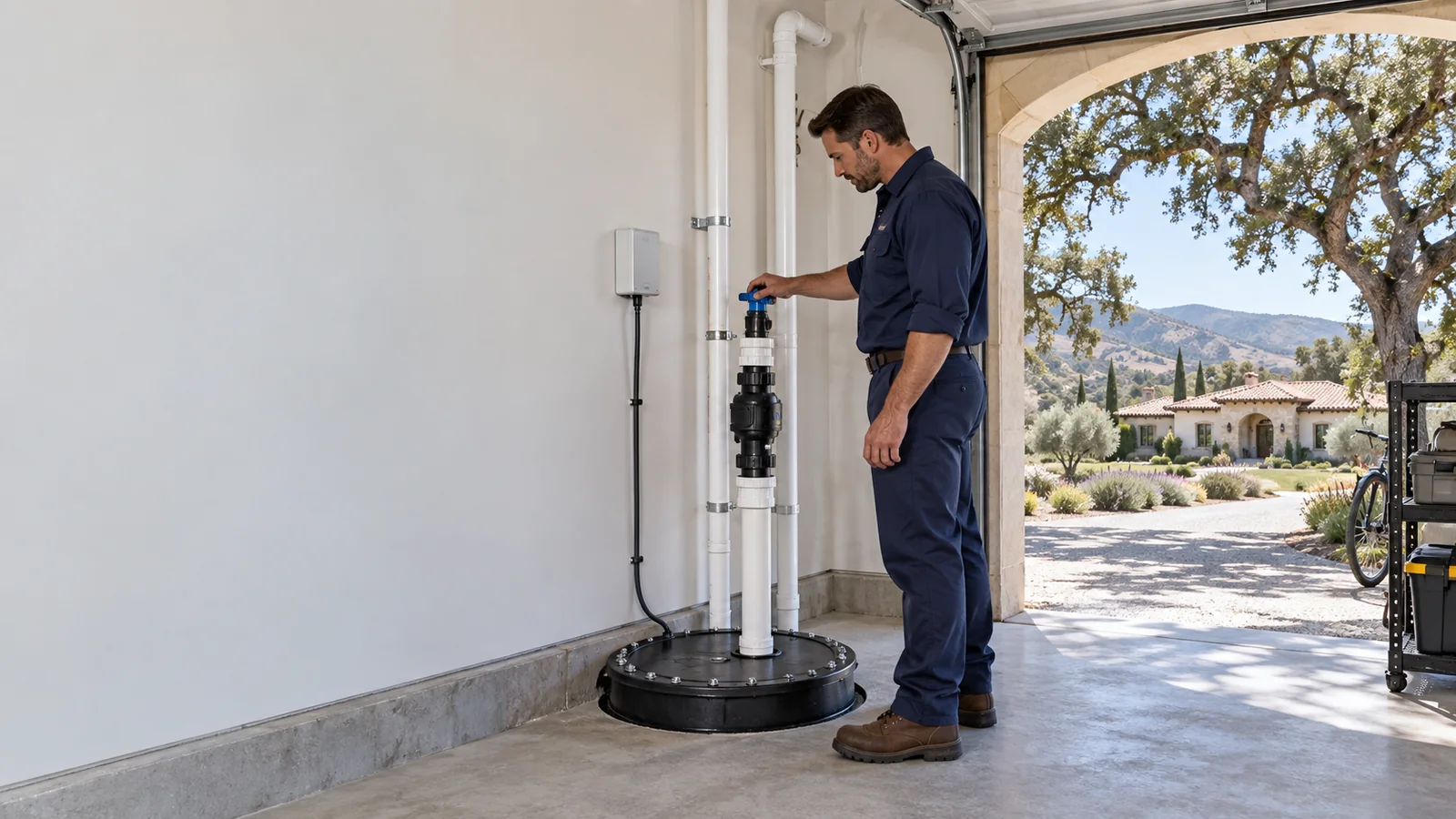 Residential sewage ejector pump service scene for Santa Ynez with sealed basin and discharge piping