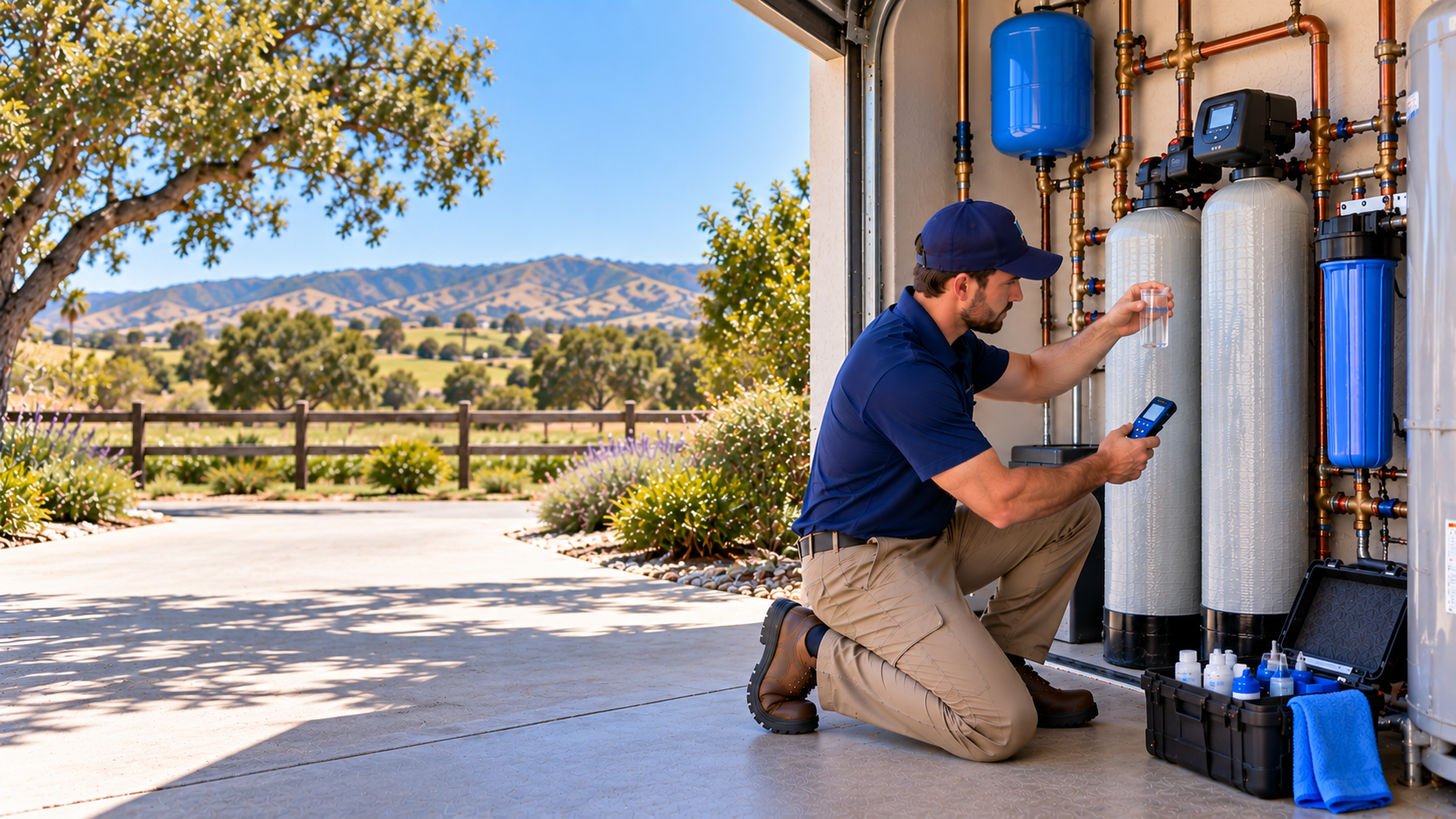 Technician checking residential water treatment equipment in a Santa Ynez service-area setting