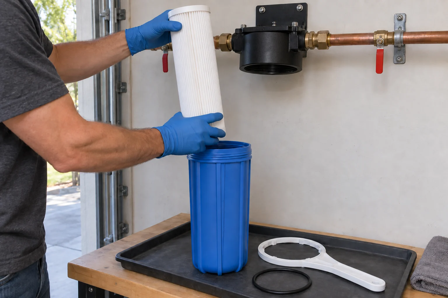 Technician servicing and replacing a whole-house sediment filter