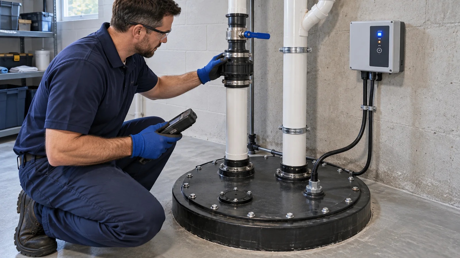 Sewage ejector pump system showing pump, float or controls, check valve, discharge piping and high-water alarm