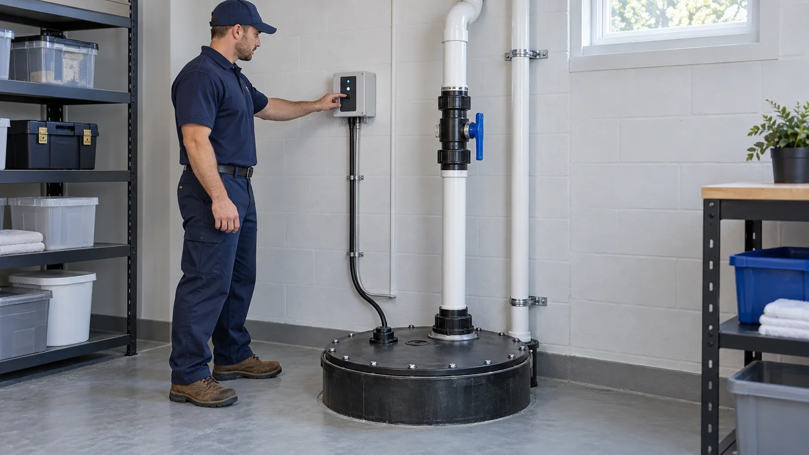 Technician inspecting a sealed sewage ejector pump system, accessible controls, alarm, valve and discharge piping